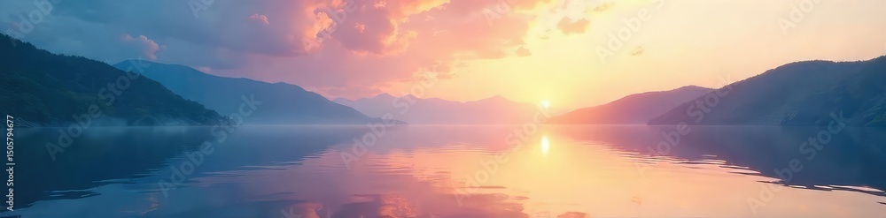Fototapeta premium A serene landscape, still waters reflecting a calm sky, evokes a sense of tranquility and emotional stillness Perfect for meditation, mindfulness, and stress relief themes , stillness, forest, grey
