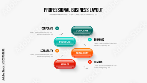 Business Visualization Slide Template Vector Illustration. Market Launch Four Element Diagram Presentation Layout. Visual Strategy 4 Step Infographic Slideshow Design.