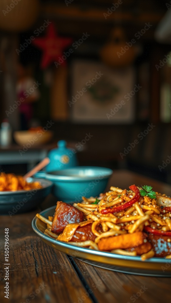 Fototapeta premium Delicious Plate of Fries Sausage and Peppers in a Rustic Setting