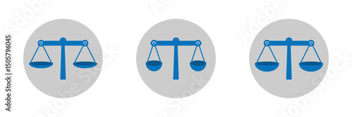 Scale icons set. Scales of justice, vintage scale in balance and equilibrium, libra.