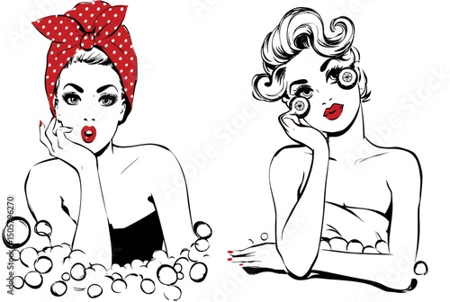 Vintage Style Women in Bathtub with Bubbles and Cucumber Slices