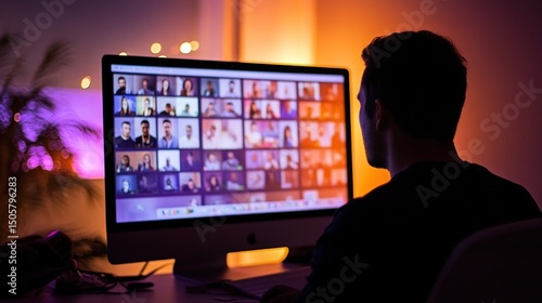 Man attending large online video conference.