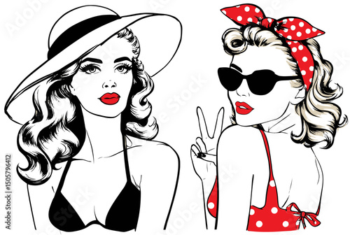 Retro Fashion Illustration of Glamorous Women in Swimwear