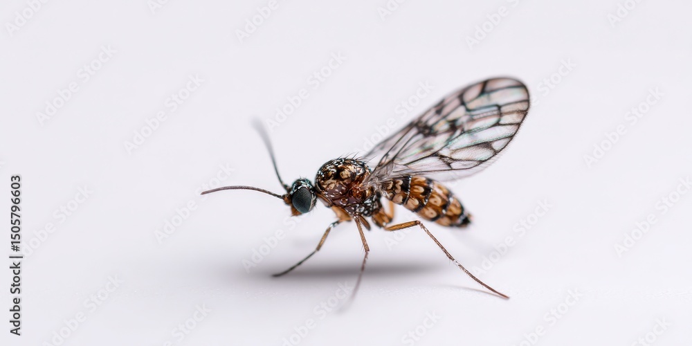Close-up of a small insect with translucent wings and patterned body. Close-up of a small insect with translucent wings and patterned body.