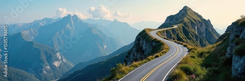 A winding road ascending a mountain, symbolizing the journey and progress of a career path Aspiring, achievement, growth, and success are visually represented , destination, goal