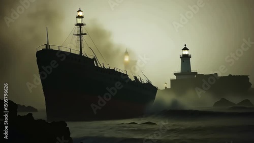 Majestic ship approaching lighthouse amidst misty seascape at dusk