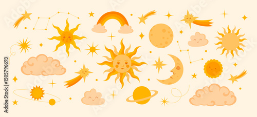Clipart on the astronomical theme. Sun with faces, moon, planets, clouds, rainbow, stars, constellations and comets.  Ideal for posters and childrens books, clothing, educational, kids textiles