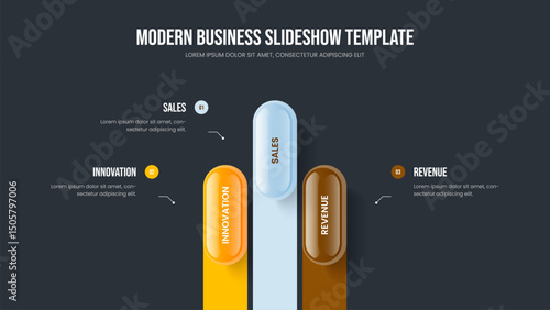 Creative Strategy Slideshow Template Vector Illustration. Advertising Review 3 Element Infographic Frame Design. Enterprise Innovation Three Option Diagram Slide Layout.