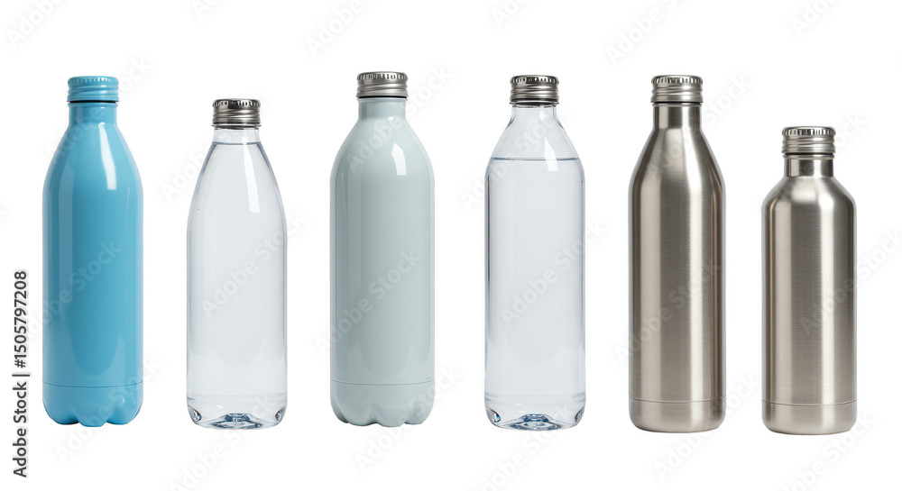 Photo of Various Metal Water Bottles in Silver White and Blue on Isolated Background Photo of Various Metal Water Bottles in Silver White and Blue on Isolated Background