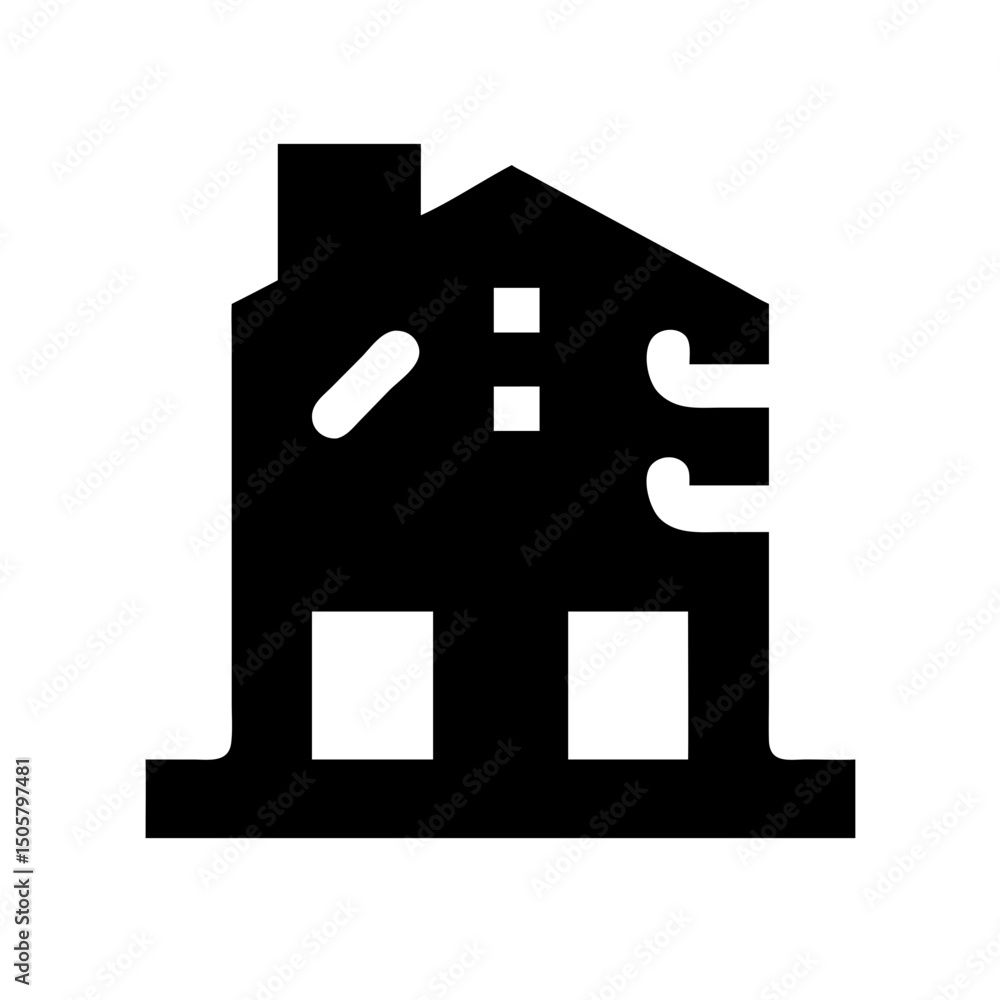Icon of a damaged building to signify destruction or disrepair Icon of a damaged building to signify destruction or disrepair
