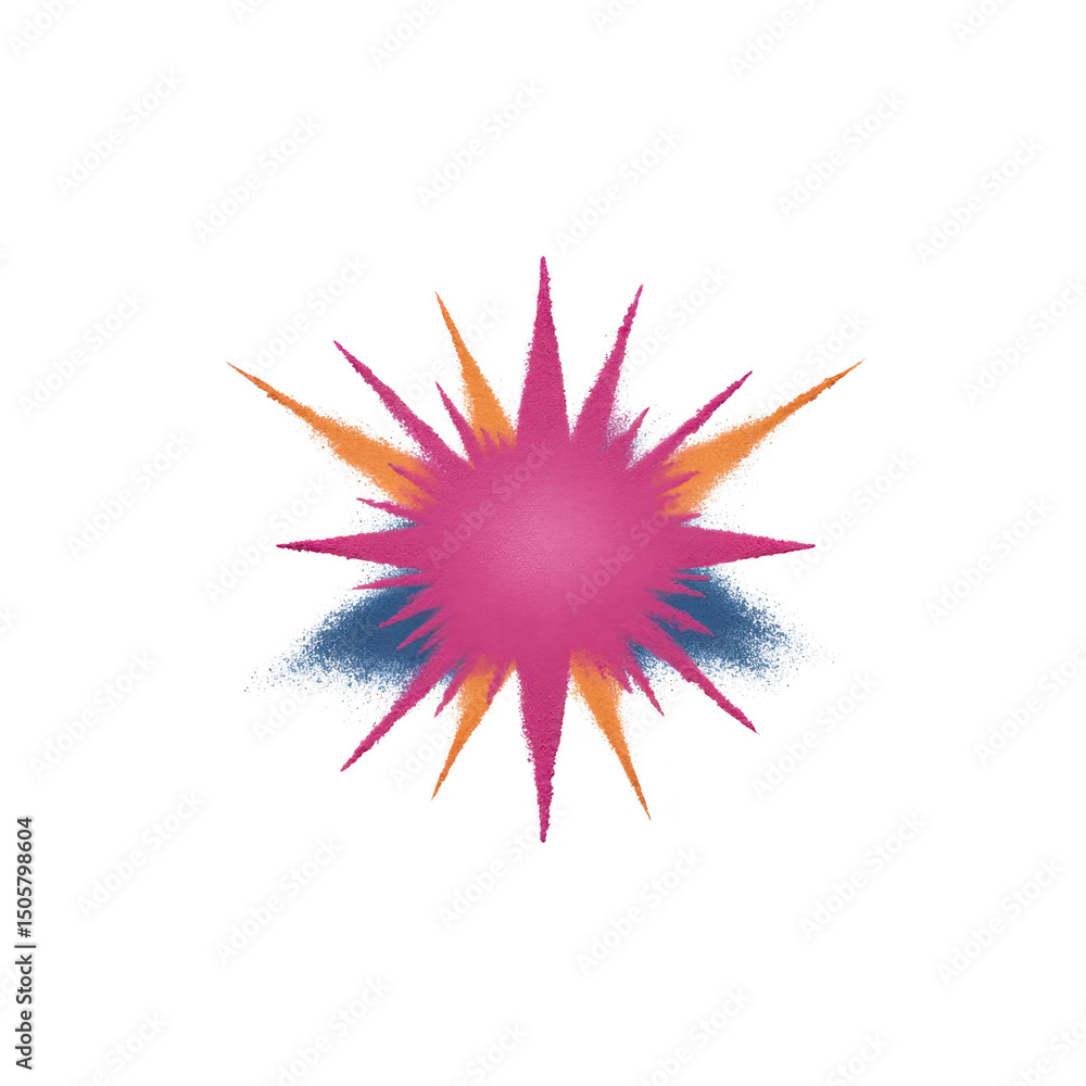 Obraz premium Vibrant, abstract starburst design with pink center and radiating spikes in orange and blue hues, creating dynamic and energetic visual effect