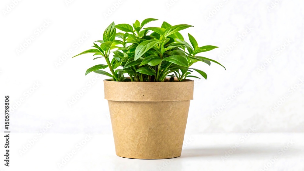 Fototapeta premium Lush Green Plant in Eco-Friendly Brown Pot Against White Background