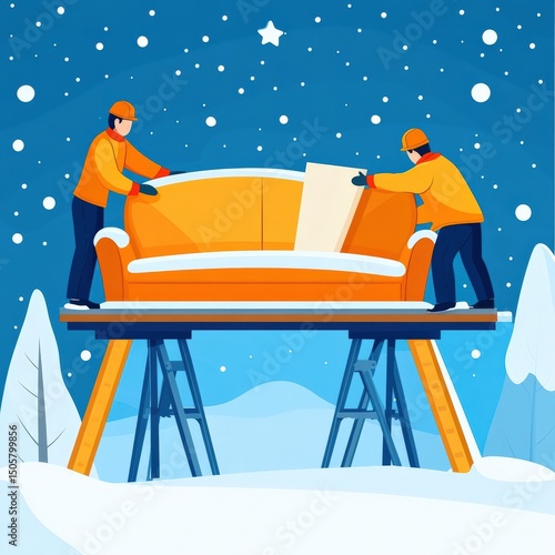 Two workers assembling and repairing a modern orange sofa on a snowy outdoor platform under a starry night sky
