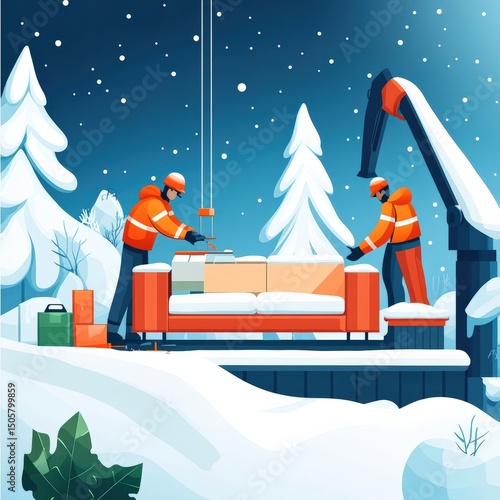 Two workers in orange safety gear assembling a modern sofa on snowy rooftop under starry night sky