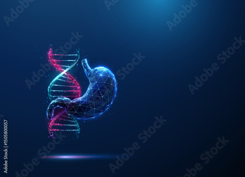 Abstract blue and purple DNA molecule helix and human stomach. Genetic biotechnologyб gastroenterology engineering concept.