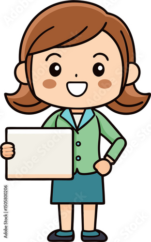 Cartoon teacher woman holding paper sign
