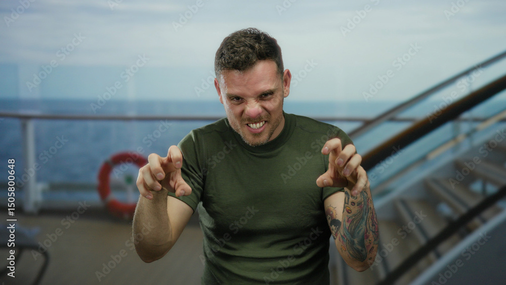 Fototapeta premium Young man on a seaside cruise showing animated expressions with tattoos on arms, wearing a green shirt, capturing a playful moment against the ocean backdrop.