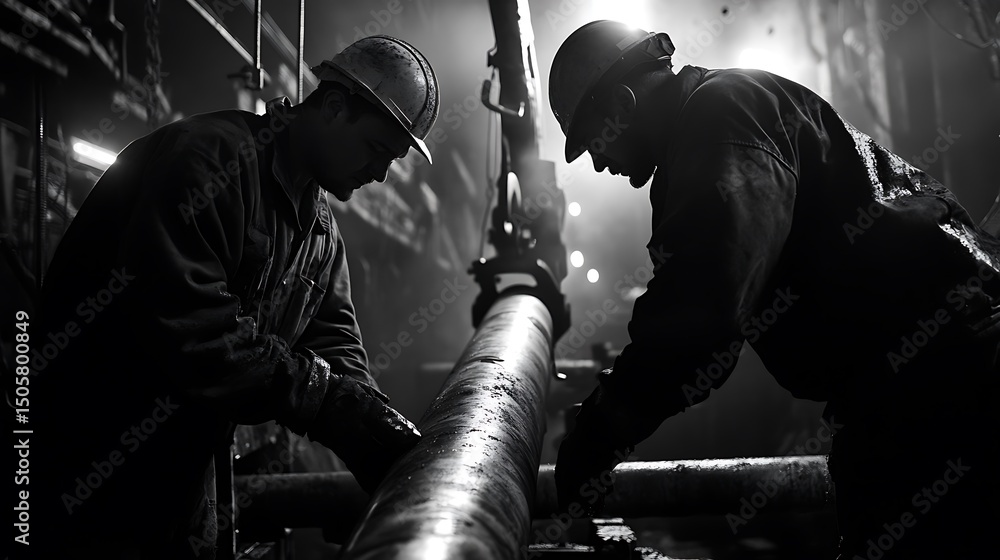 Fototapeta premium Workers Inspecting Large Pipe in Industrial Setting