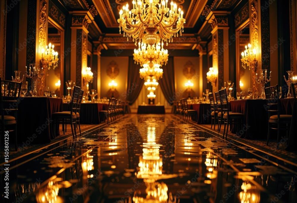 Obraz premium Elegant dining room with chandeliers and reflective floor in warm lighting