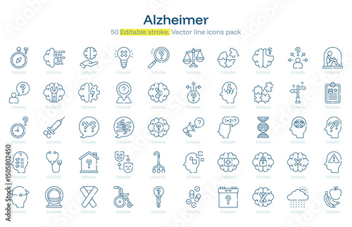 Alzheimer line icon pack. Alzheimer Stroke icon set. Editable Stroke icon