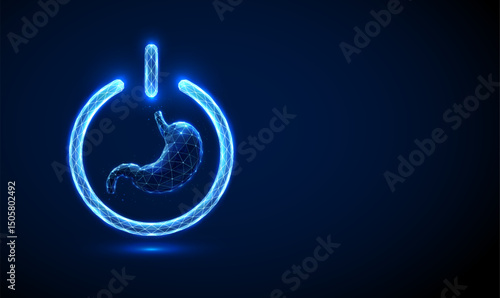 Abstract blue stomach inside a power button. Stomach health protection and personalized treatment concept.