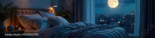 Serene bedroom scene at night, soft moonlight illuminating a cozy bed with plush pillows and blankets, creating a peaceful and relaxing ambiance ideal for sleep , cotton, cozy, moonlight