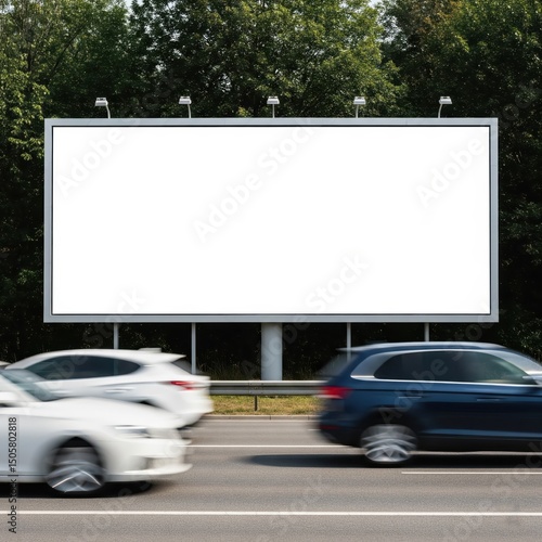 Blank billboard on highway with blurred cars speeding by, surrounded by green trees.