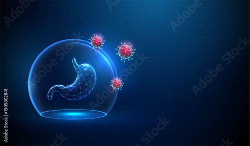 Abstract blue human stomach inside a glass dome attacked by red viruses. Stomach protection, viral infection, digestive disease, treatment concept