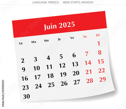 French calendar for june 2025. Vector illustration of a summer month paper page France - juin calendrier