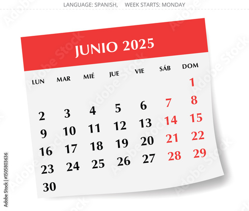 2025 Spanish june calendar - month junio. Vector illustrations Spain