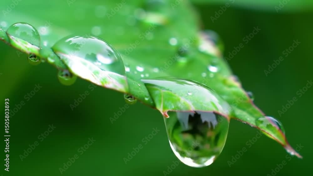 Close-up of water droplets on a green leaf. The droplets reflect the surrounding greenery, showcasing nature's beauty and freshness Close-up of water droplets on a green leaf. The droplets reflect the surrounding greenery, showcasing nature's beauty and freshness