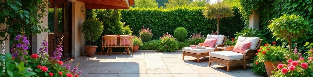 Fototapeta premium A vibrant and inviting patio garden bursting with colorful flowers, lush greenery, and charming outdoor furniture Perfect for relaxation and entertaining , metal, outdoor garden, stone