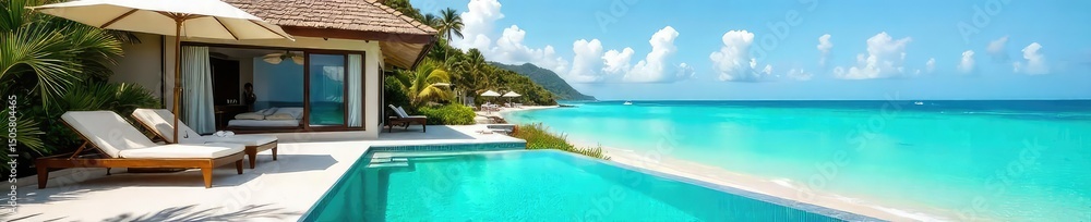 Fototapeta premium Sun-drenched beachfront villa with infinity pool overlooking turquoise ocean Private oasis, ultimate relaxation, escape to paradise Perfect luxury getaway , sea, paradise, summer