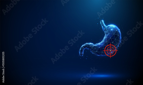 Blue human stomach with a red target symbol indicating focal pathology. Medical healthcare concept.