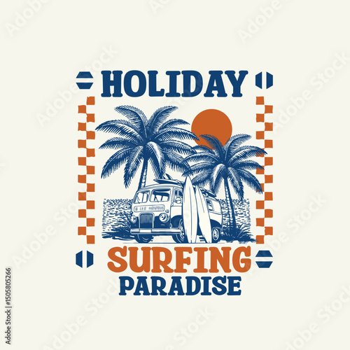 Holiday Surfing Paradise sunset palm tree vector illustration