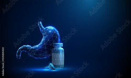 Blue human stomach next to a medicine bottle and capsules. Medical treatment, digestive health support concept