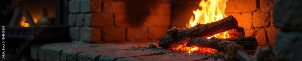 Naklejka premium Crackling firewood flames dance in a cozy fireplace, casting warm, inviting light and shadows on the surrounding stone Perfect for autumn, winter, and holiday themes , orange, bright, crackling