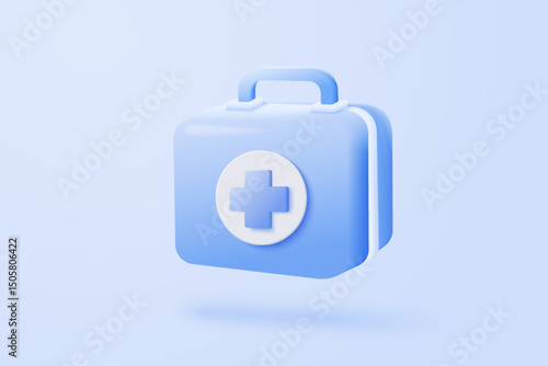 3d first aid medicine box with plus icon. Vaccination medical equipment, emergency pack, hospital or ambulance safety bag. medical pharmacy medicament. 3d medicine cure icon vector render illustration