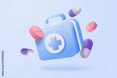 3d first aid medicine box with plus icon. Vaccination medical equipment, emergency pack, hospital or ambulance safety bag. medical pharmacy medicament. 3d medicine cure icon vector render illustration