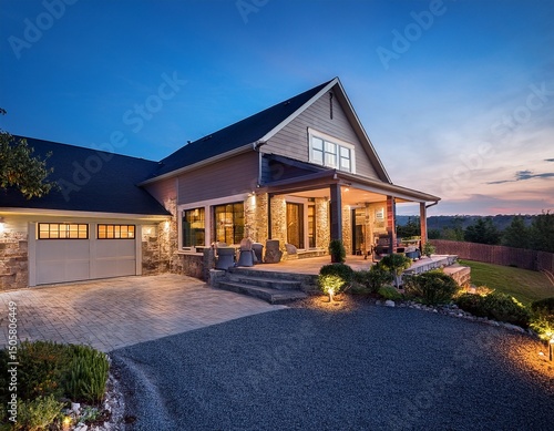 at twilight a luxurious home exterior in beautiful modern farmhouse style