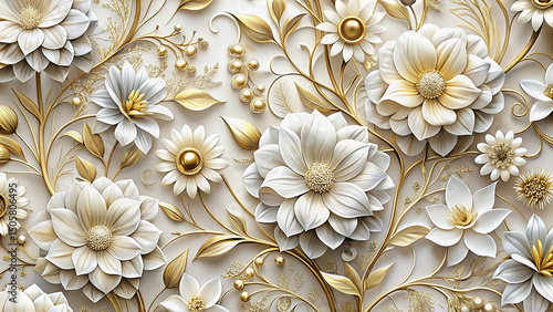 Fototapeta Naklejka Na Ścianę i Meble -  Elegant gold and white 3d floral design wallpaper