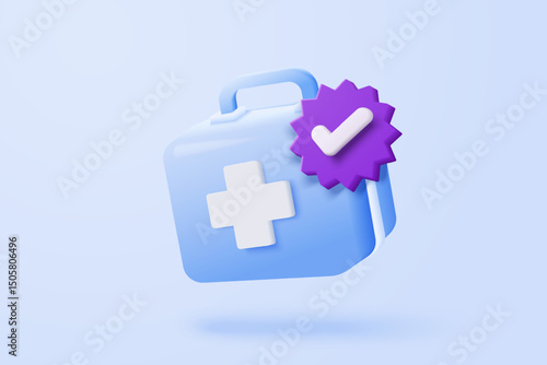 3d first aid medicine box with plus icon. Vaccination medical equipment, emergency pack, hospital or ambulance safety bag. medical pharmacy medicament. 3d medicine cure icon vector render illustration