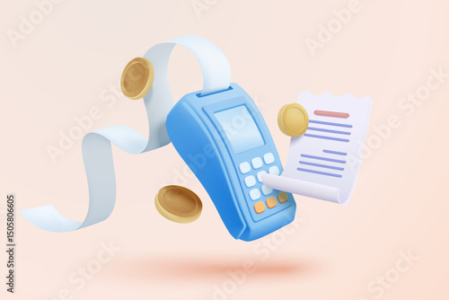 3D bill payment with credit card and financial for online shopping, payment credit card with alert notification. Invoice transaction with credit card reader. 3d receipt vector icon render illustration