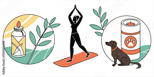 Wellness and self care illustration featuring yoga pose, aromatherapy candle, and pet dog