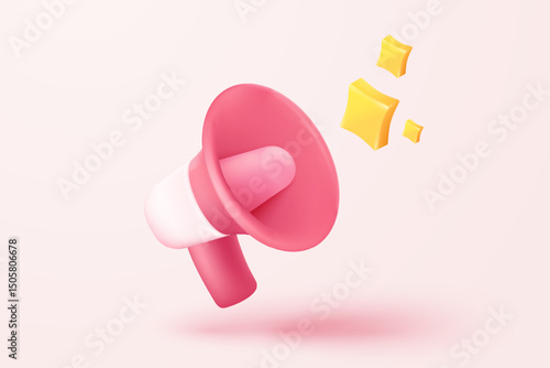 3d megaphone speaker or loudspeaker bullhorn for announce promotion in background, megaphone loud hailer with microphone, speakerphone 3d icon vector render illustration for alert and announcement