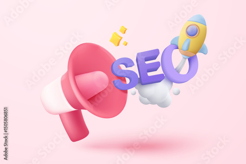 3D SEO optimization with rocket for marketing social media concept. Interface for web analytics strategy and research planing in purple background. 3d seo strategy vector icon render illustration