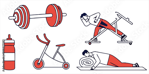  Fitness and workout illustration with dumbbell, stationary bike, and body building exercises