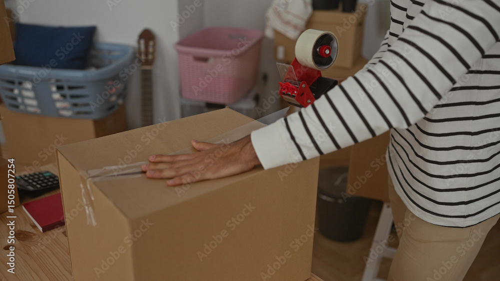 Fototapeta premium Man packing cardboard box in living room of new home with tape dispenser amid unpacked household items.
