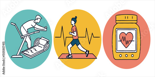 Fitness icons featuring treadmill exercise, athletic workout, and heart rate monitor device