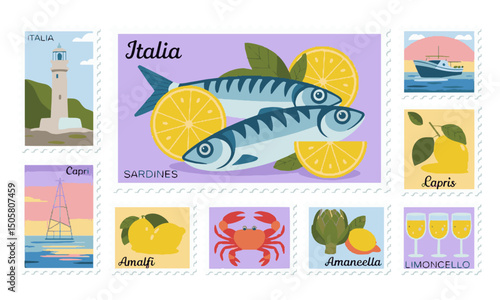 Modern vectors of postage stamp illustrations inspired by Italian coastal themes, summer stamp from Italy, are easily editable and scalable.